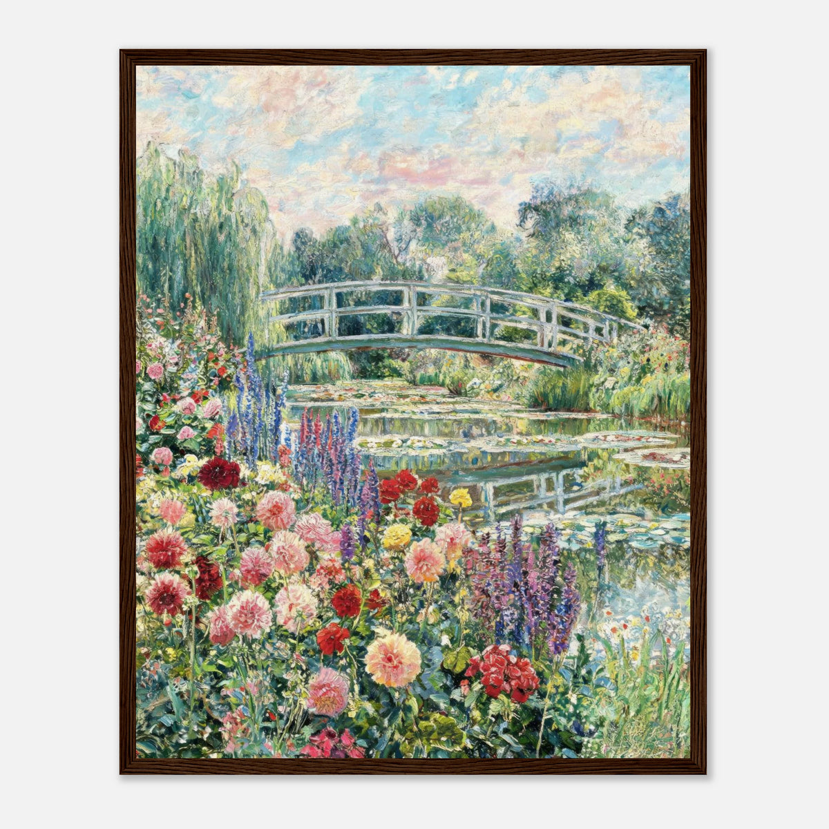 Blooming Summer Garden & Japanese Bridge Impressionist Art Print