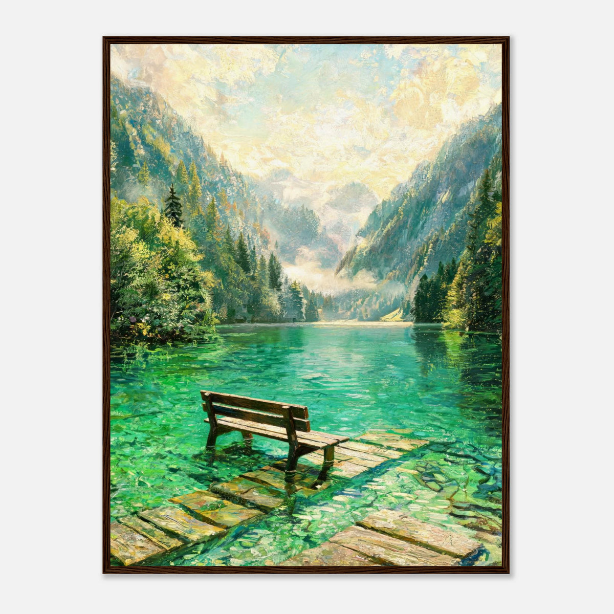 Mountain Lake Pier and Wooden Bench Impressionist Art Print