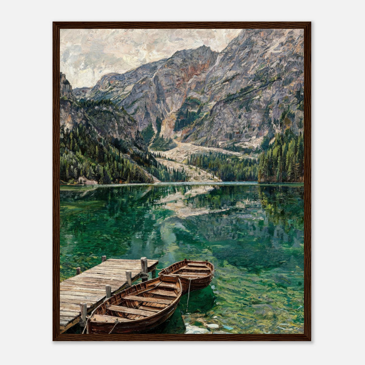 Wooden Boats on Alpine Lake Impressionist Art Print