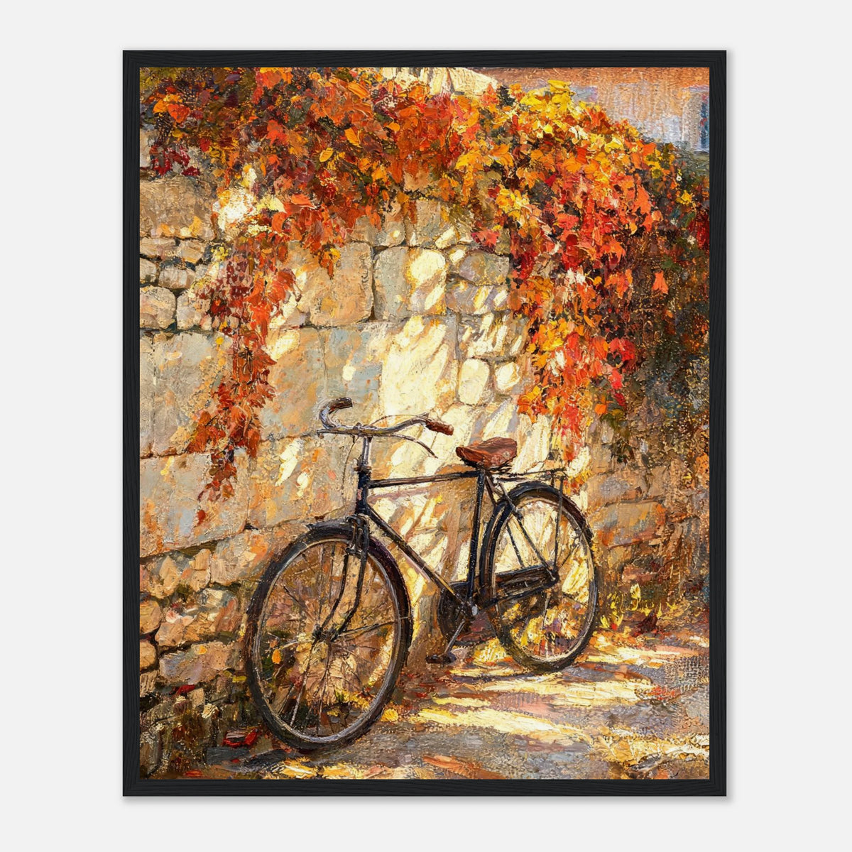 Autumn Vintage Bicycle Stone Wall Impressionist Art Print