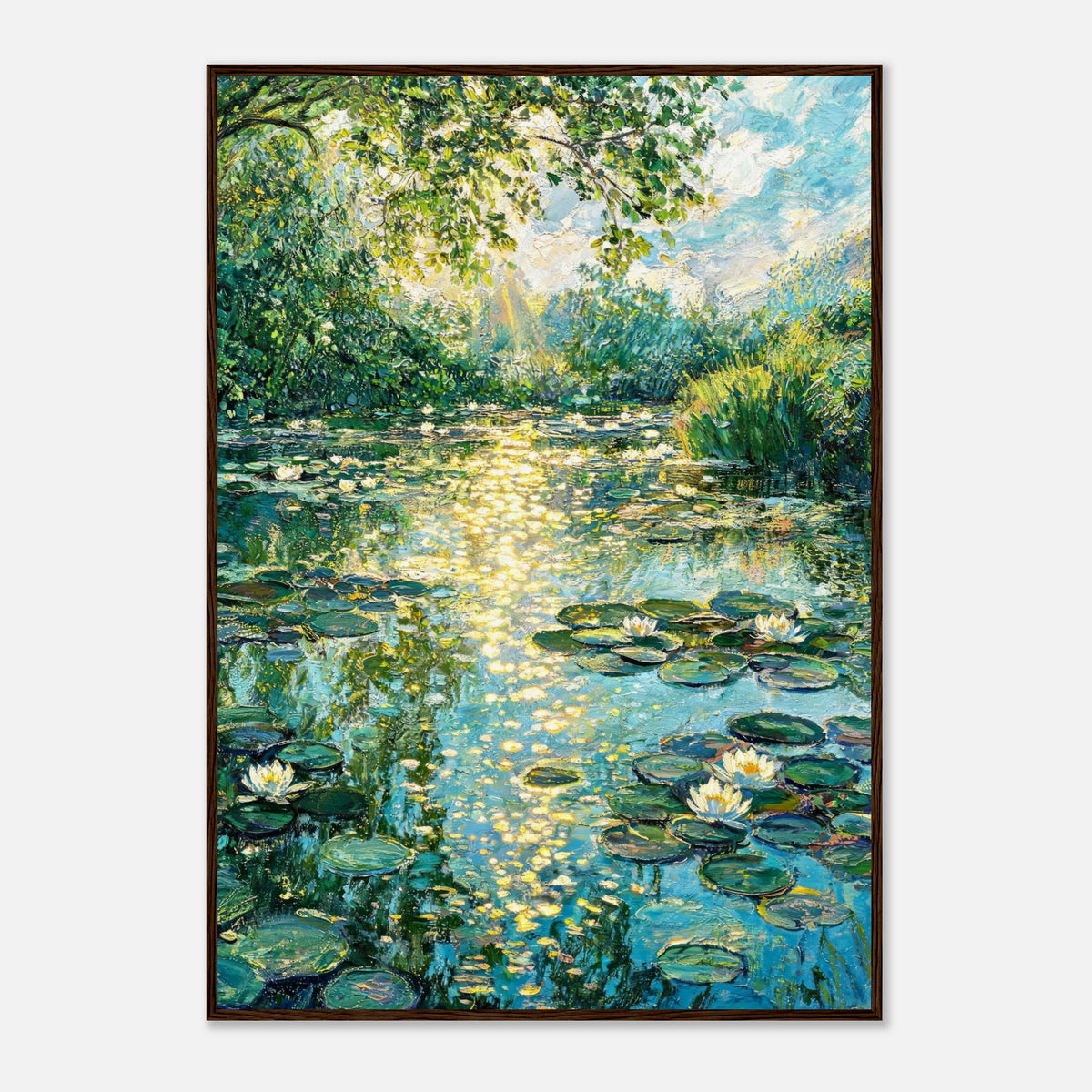 Sunlit Water Lilies & Shimmering Pond Impressionist Art Print