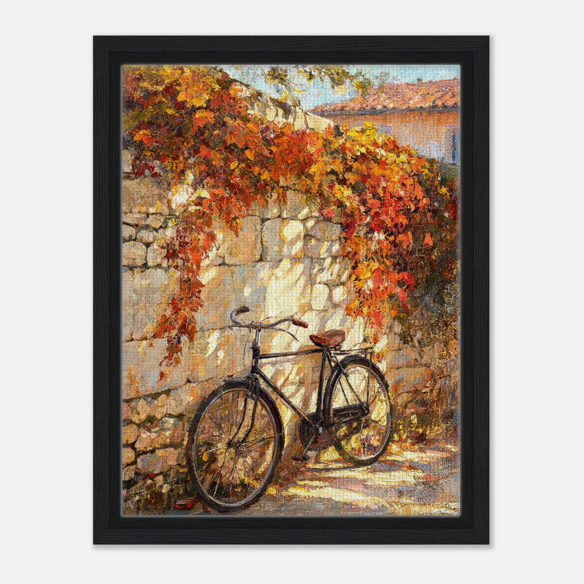 Autumn Vintage Bicycle Stone Wall Impressionist Art Print