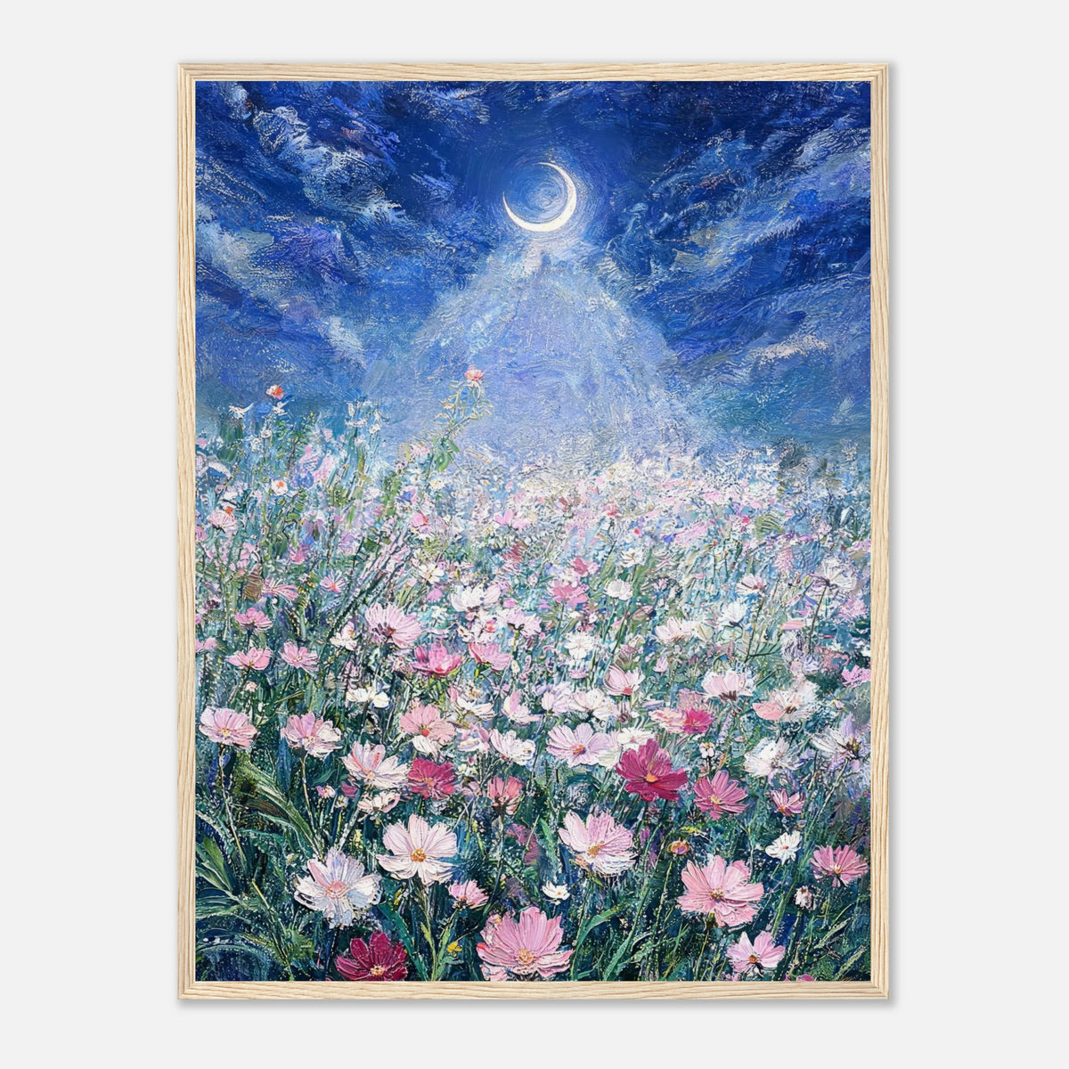 Moonlit Wild Cosmos Field Impressionist Art Print