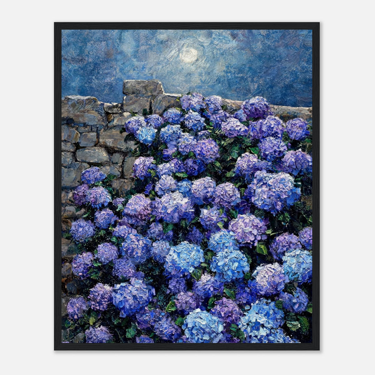 Moonlit Blue Hydrangeas by Stone Wall Impressionist Art Print