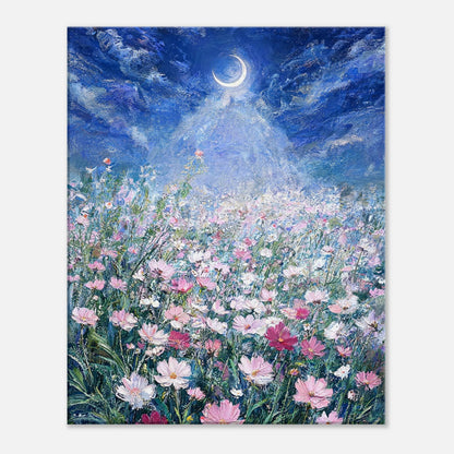 Moonlit Wild Cosmos Field Impressionist Art Print