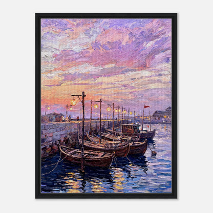 Coastal Harbor Twilight Wooden Boats Impressionist Art Print