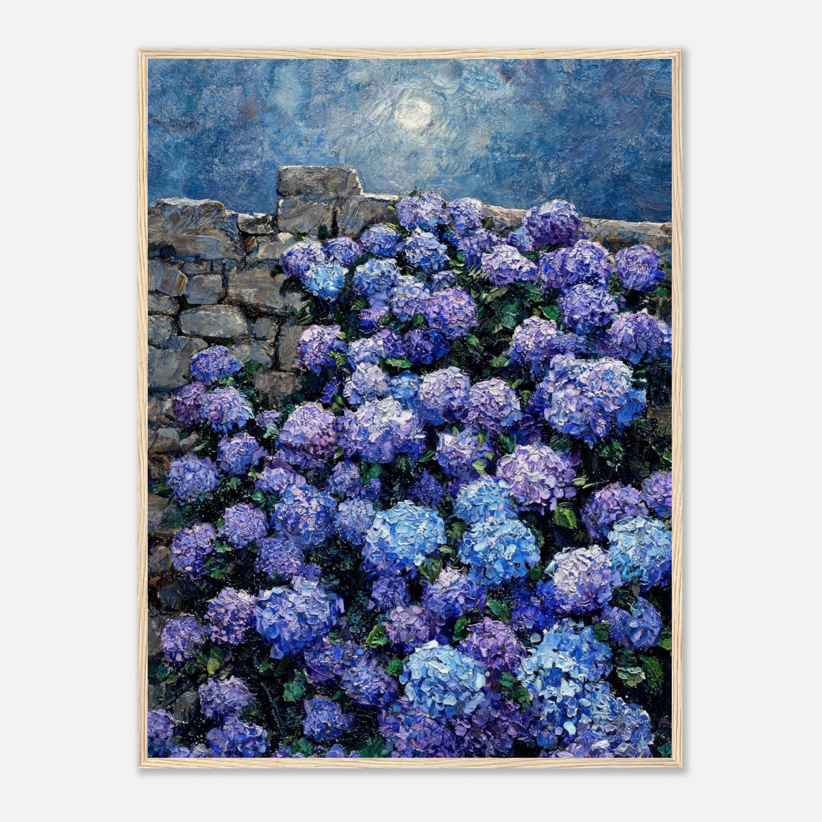 Moonlit Blue Hydrangeas by Stone Wall Impressionist Art Print
