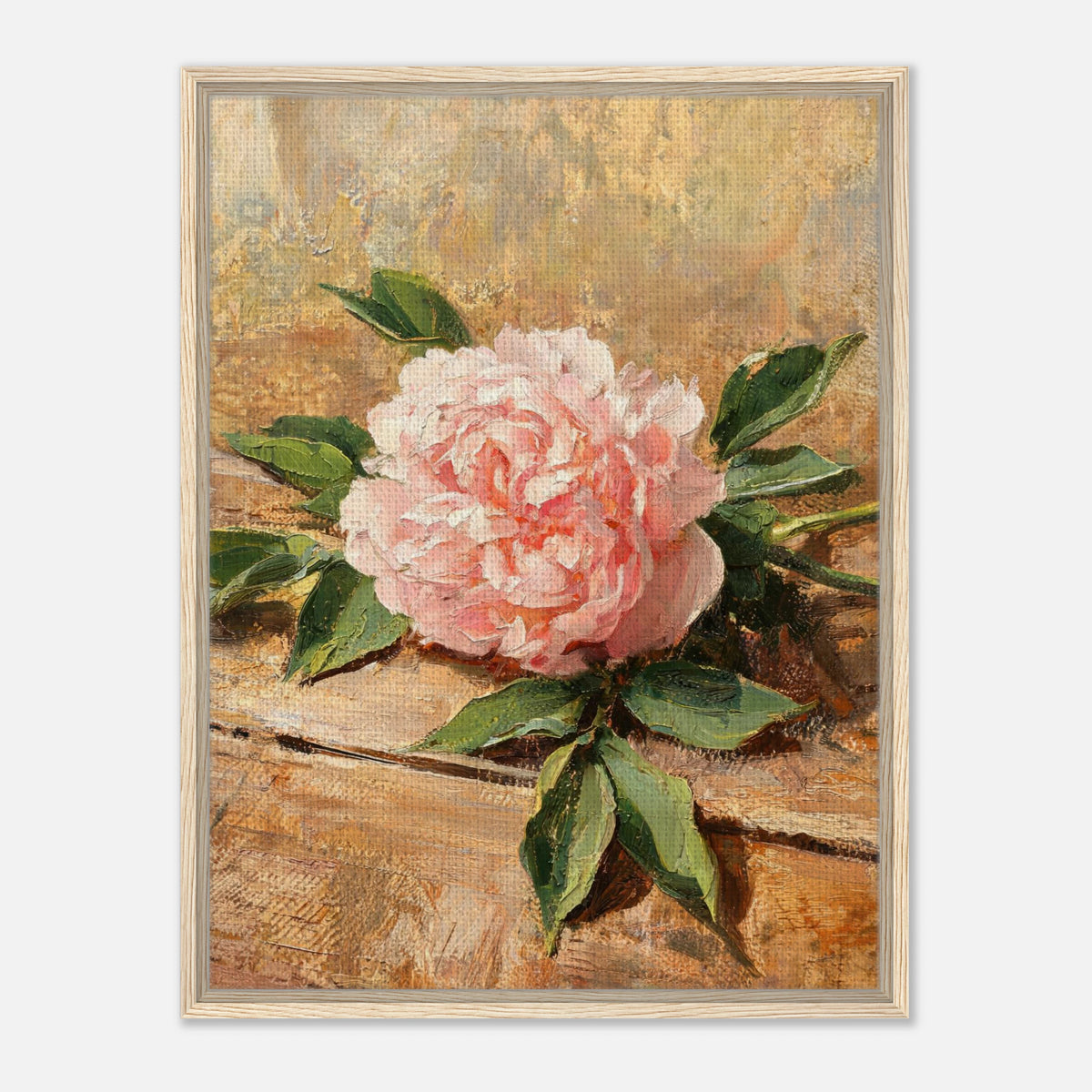 Single Pink Peony on Rustic Wood Impressionist Art Print