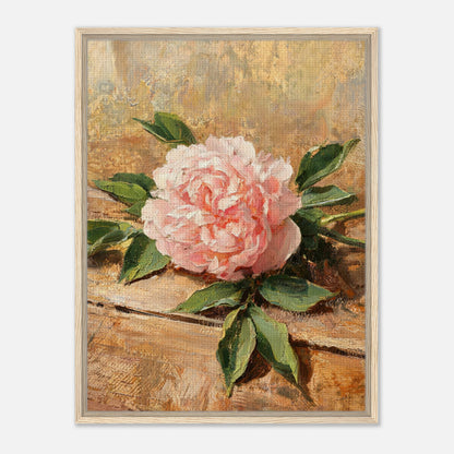 Single Pink Peony on Rustic Wood Impressionist Art Print