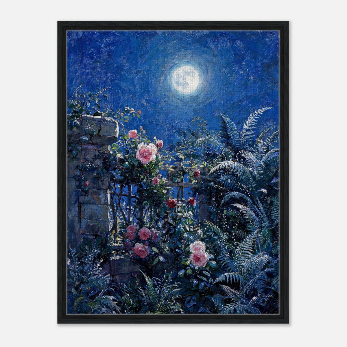 Moonlit Rose Garden and Stone Wall Impressionist Art Print