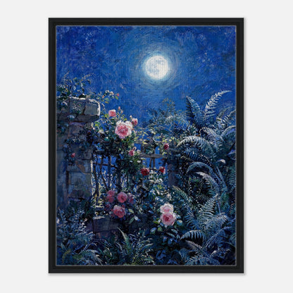 Moonlit Rose Garden and Stone Wall Impressionist Art Print