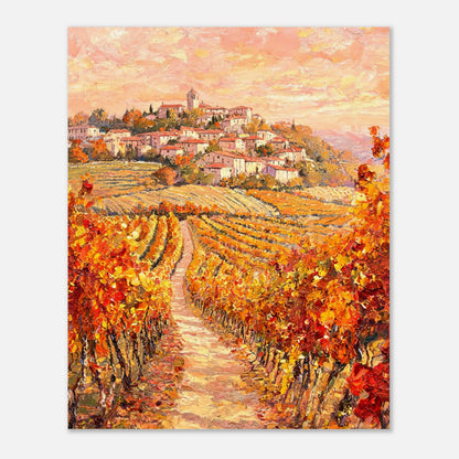 Autumn Vineyard Path Hilltop Village Impressionist Art Print
