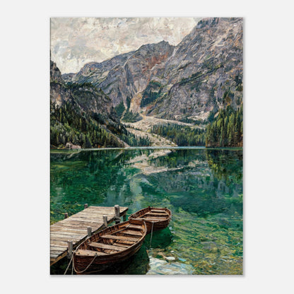 Wooden Boats on Alpine Lake Impressionist Art Print