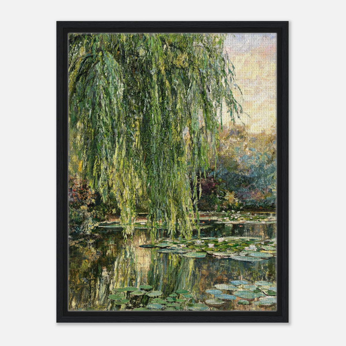 Impressionist art print from Vintstep featuring a weeping willow with cascading branches over a calm water lily pond, rendered in a soft, painterly style.