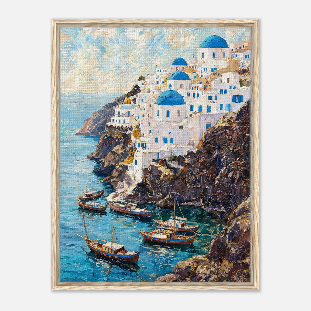 Santorini Cliffside Village & Boats Impressionist Art Print
