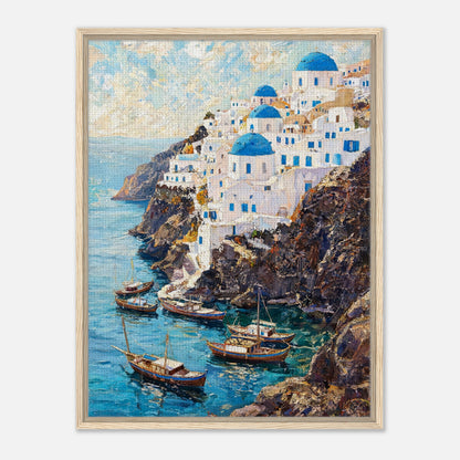 Santorini Cliffside Village & Boats Impressionist Art Print