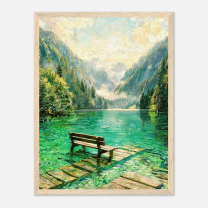 Mountain Lake Pier and Wooden Bench Impressionist Art Print