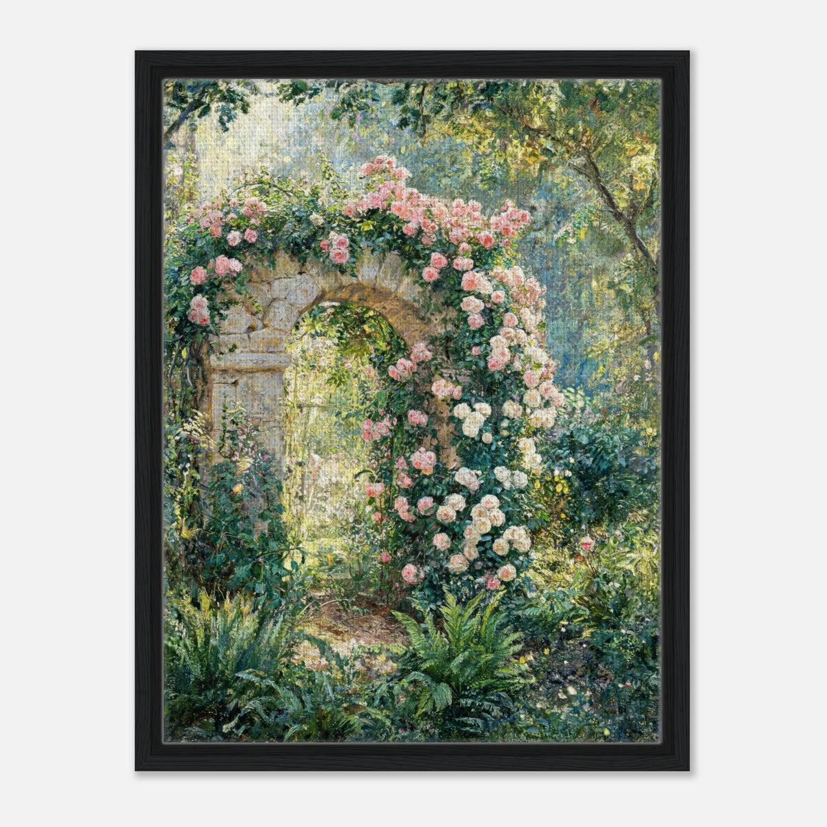Impressionist art print from Vintstep depicting an ancient stone archway covered in blooming pink and cream roses within a lush, sunlit garden with textured brushstrokes.