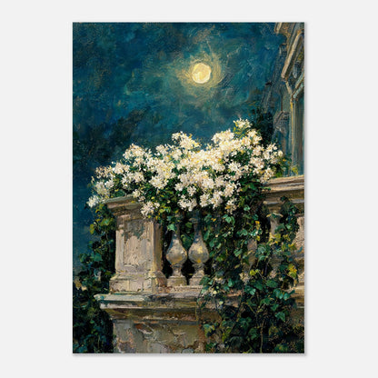 Moonlit White Blossoms Balcony Impressionist Art Print