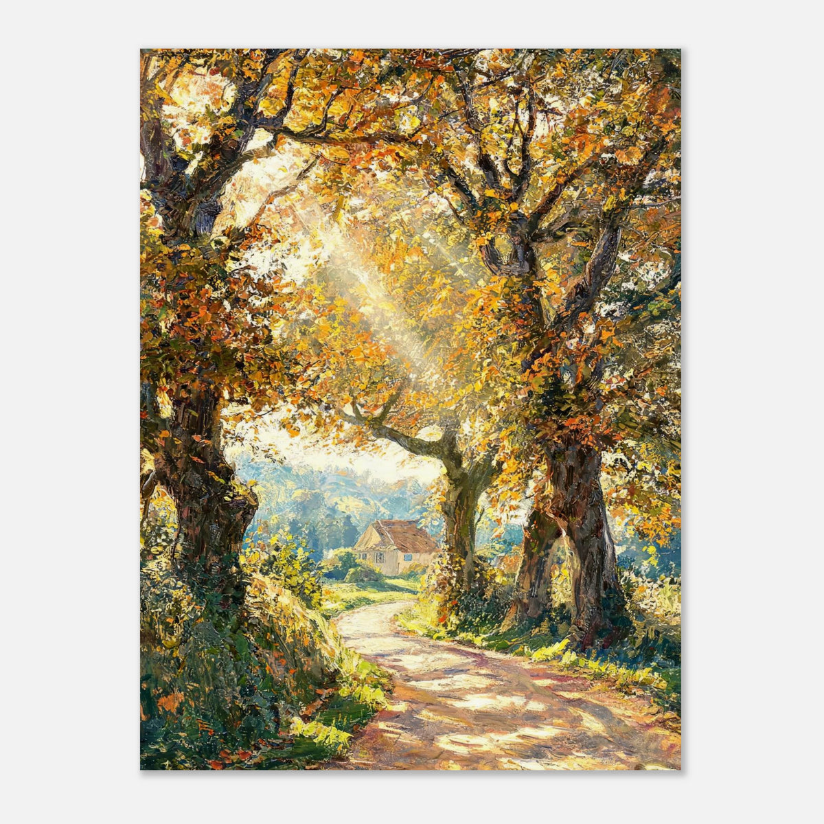 Sunlit Autumn Forest Path Impressionist Art Print