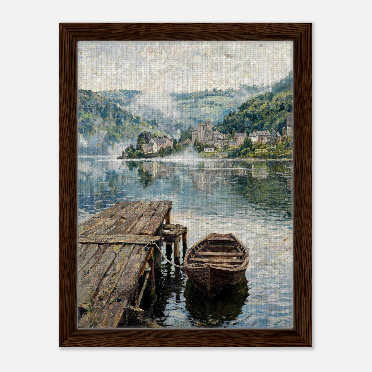 Misty Mountain Lake Wooden Boat Impressionist Art Print