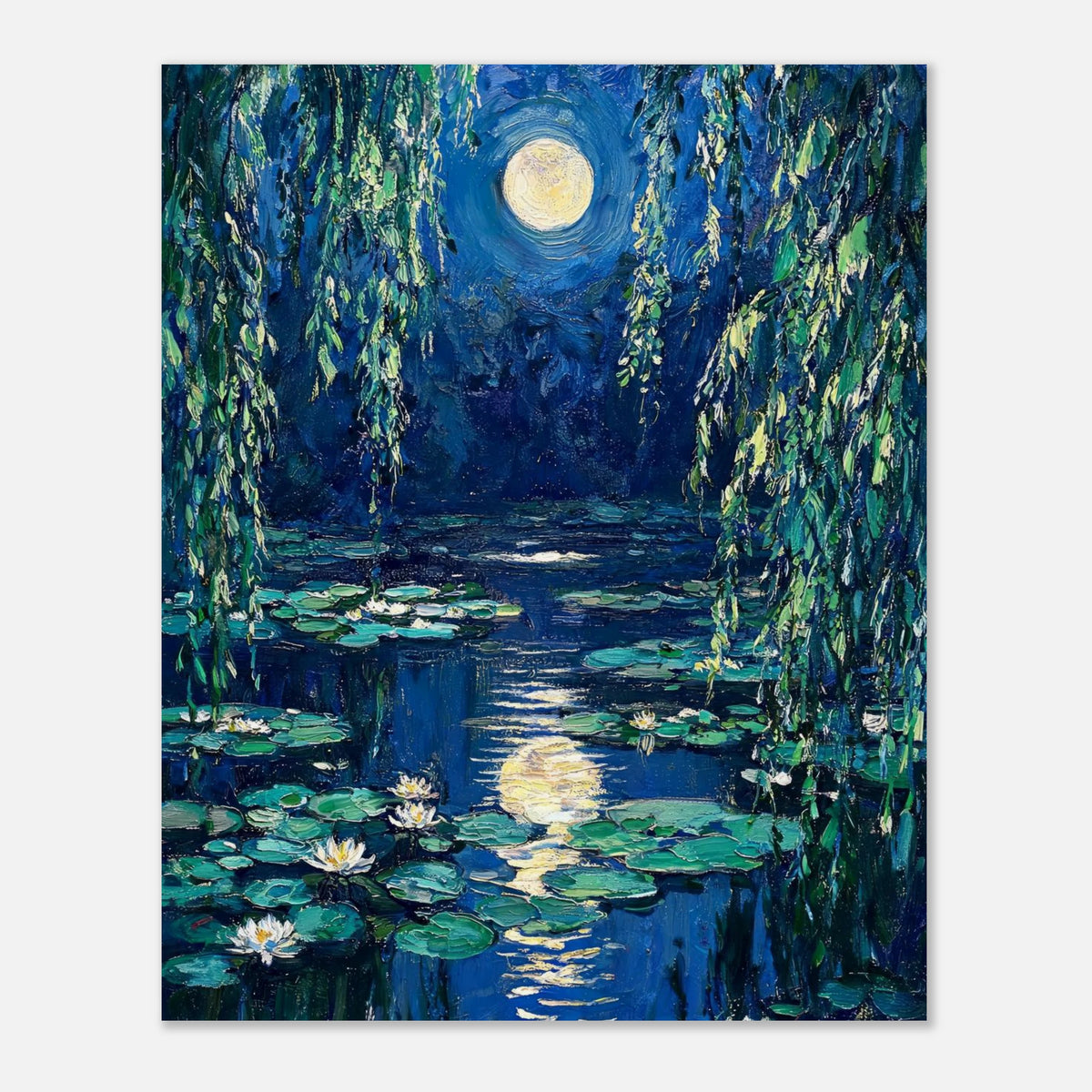 Moonlit Water Lilies Pond Impressionist Art Print