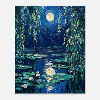 Moonlit Water Lilies Pond Impressionist Art Print
