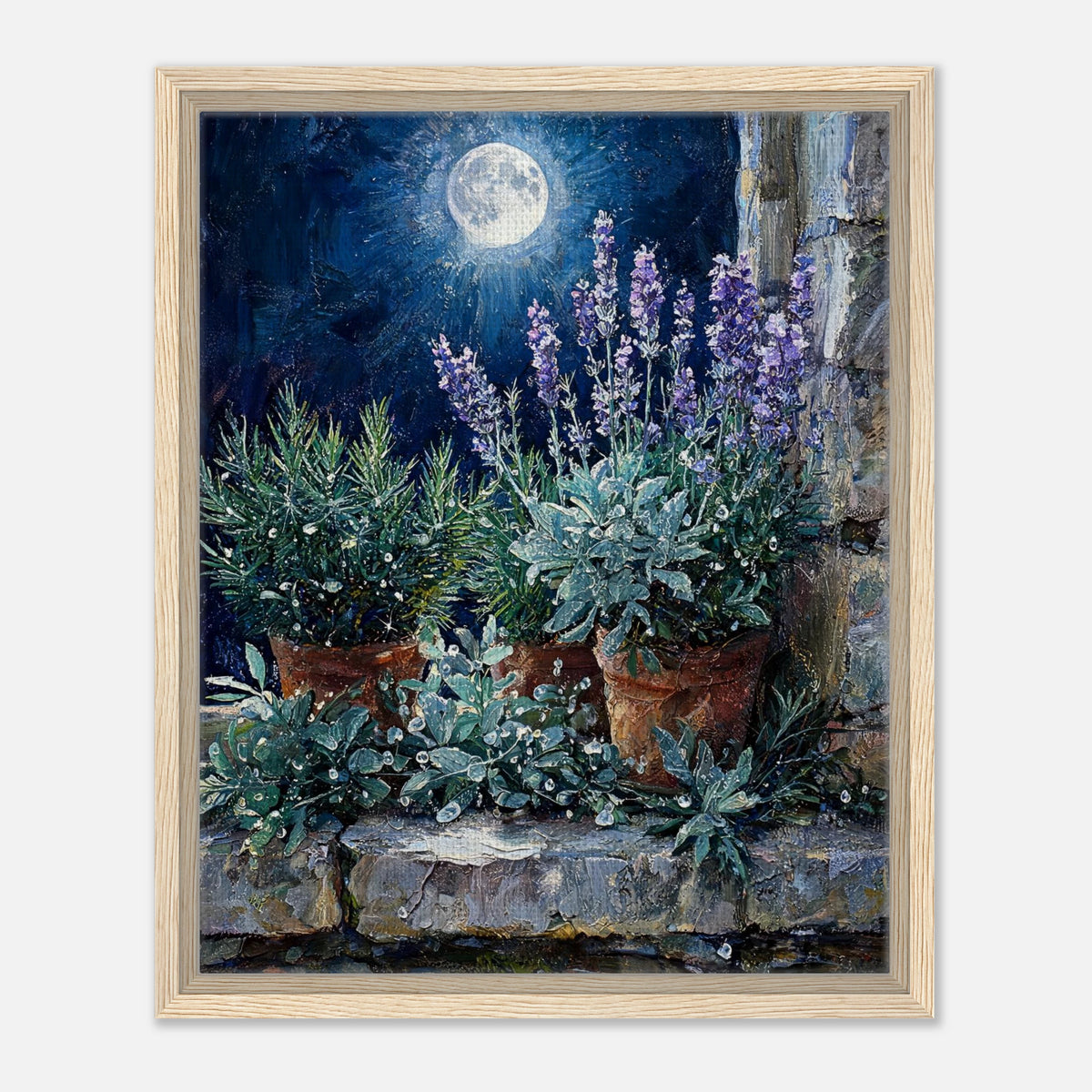 Moonlit Potted Lavender by Stone Window Impressionist Art Print