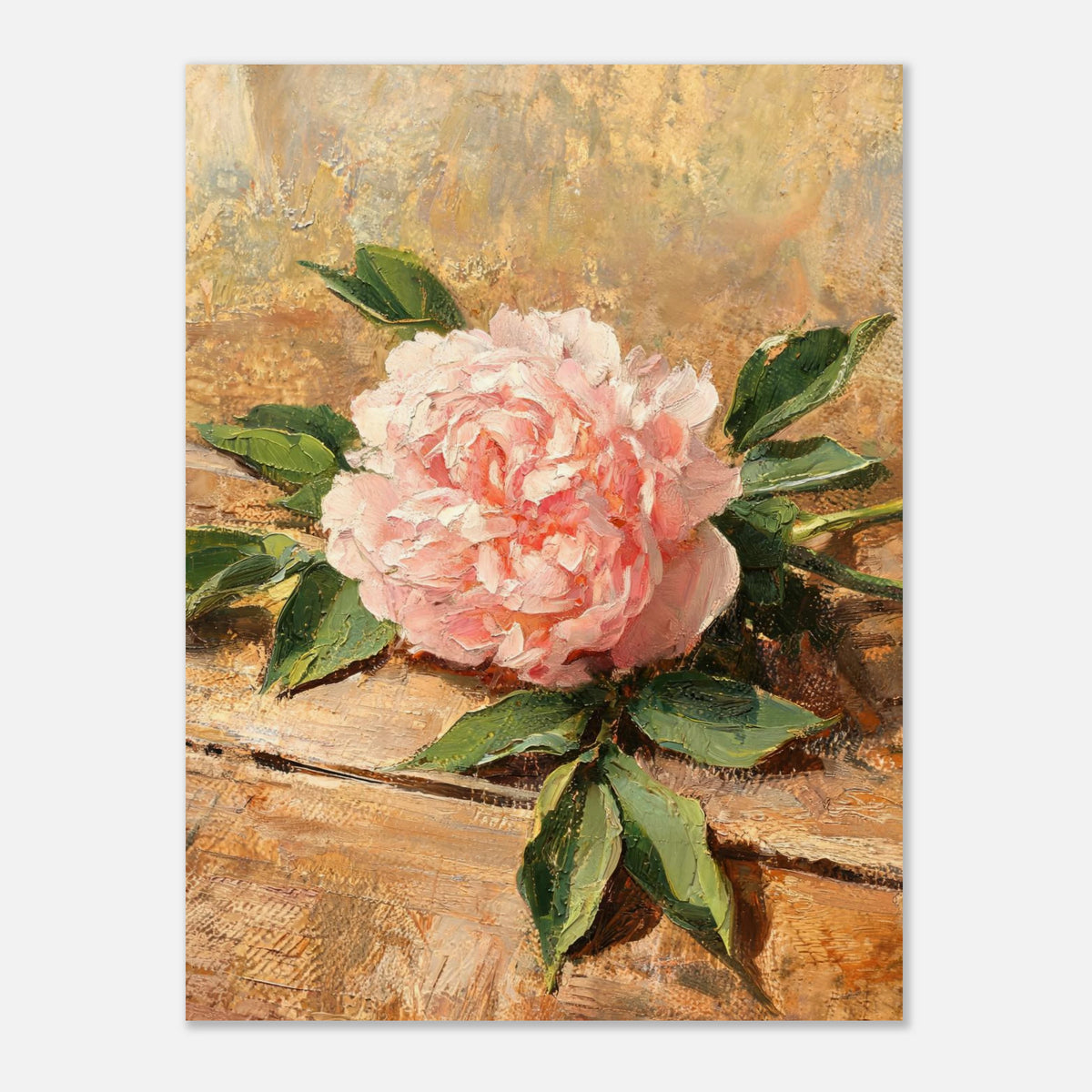 Single Pink Peony on Rustic Wood Impressionist Art Print
