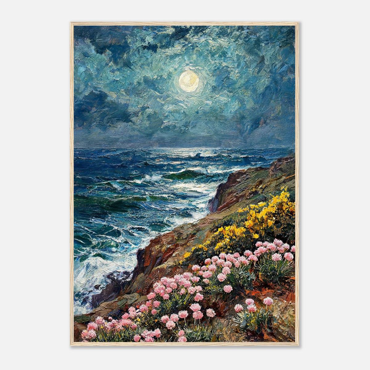 Moonlit Coastal Cliff Flowers Impressionist Art Print