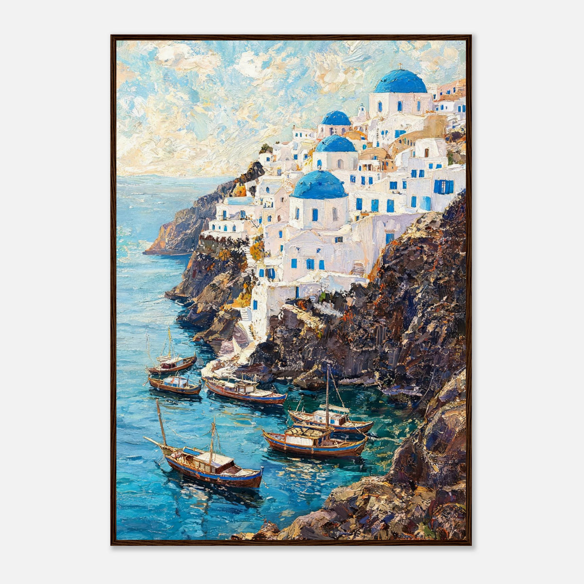 Santorini Cliffside Village & Boats Impressionist Art Print
