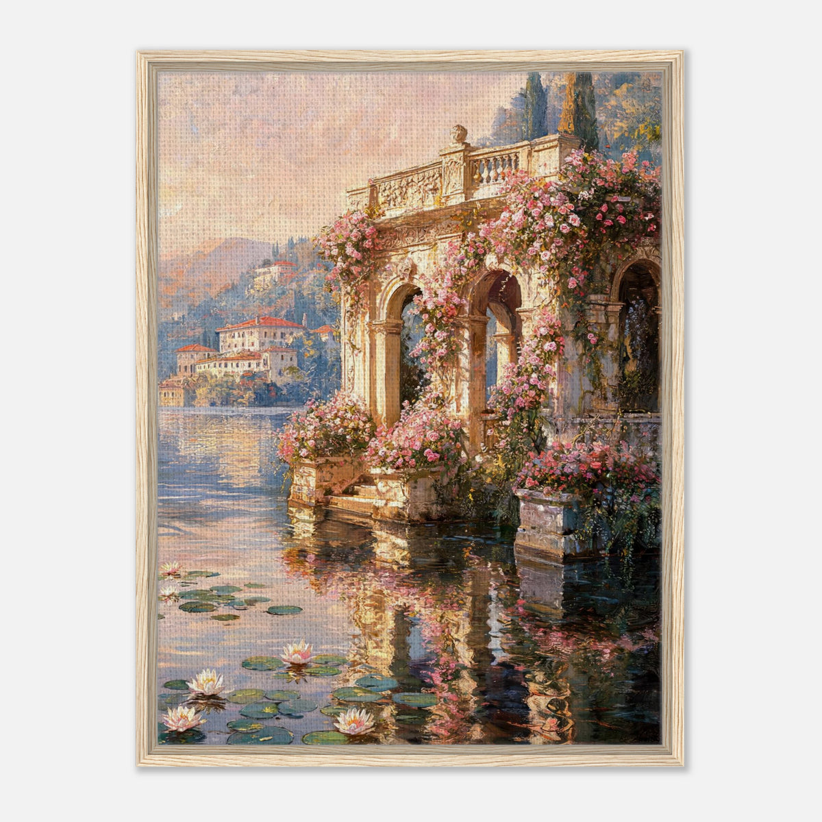 Sunlit Lakeside Villa & Roses Impressionist Art Print