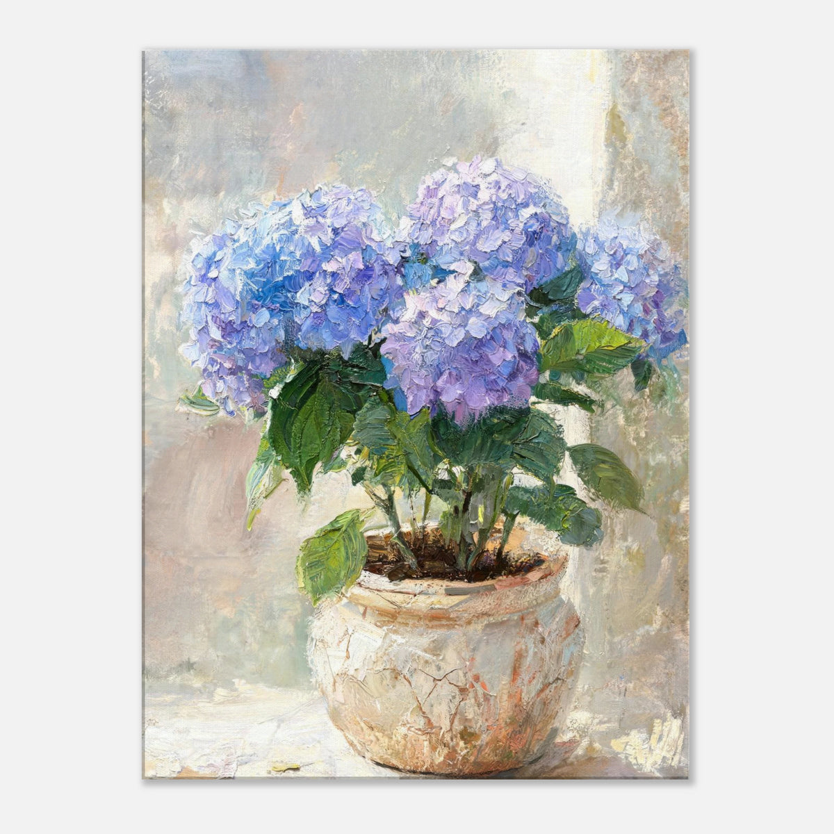 Blue Hydrangeas in Rustic Pot Impressionist Art Print