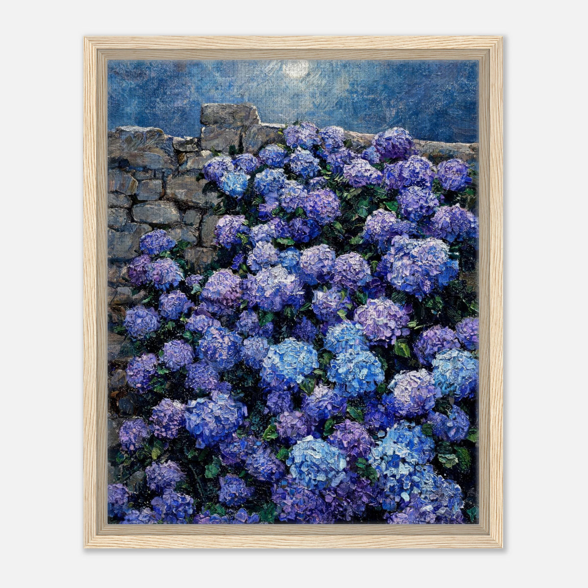 Moonlit Blue Hydrangeas by Stone Wall Impressionist Art Print