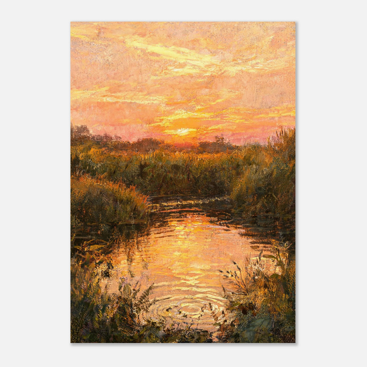 Golden Sunset over River Reflection Impressionist Art Print
