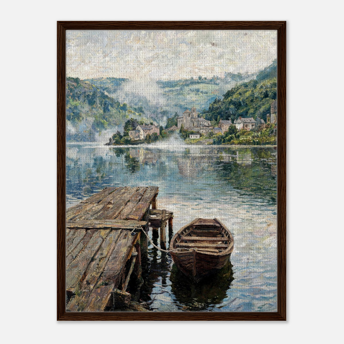 Misty Mountain Lake Wooden Boat Impressionist Art Print
