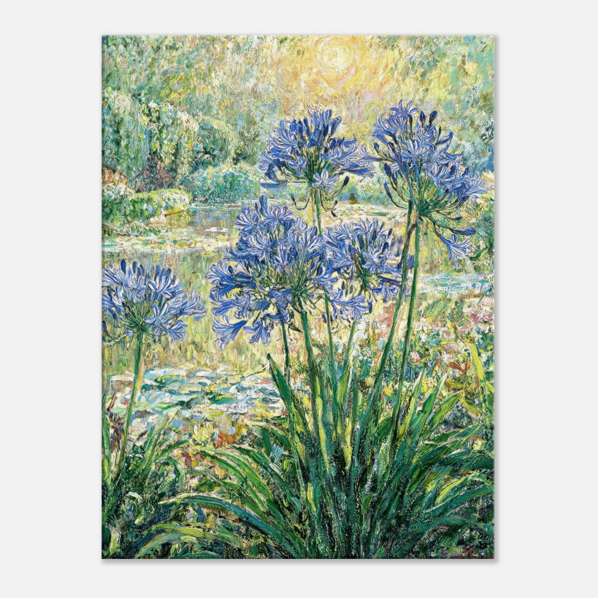 Blue Agapanthus & Sunlit Garden Impressionist Art Print