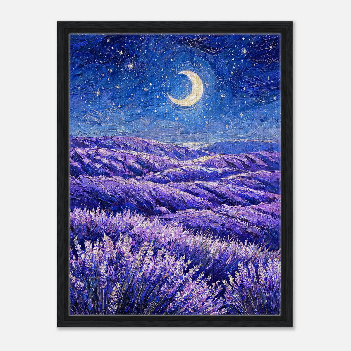Impressionist art print from Vintstep depicting rolling purple lavender fields under a starry night sky with a glowing crescent moon and rich impasto brushstrokes.
