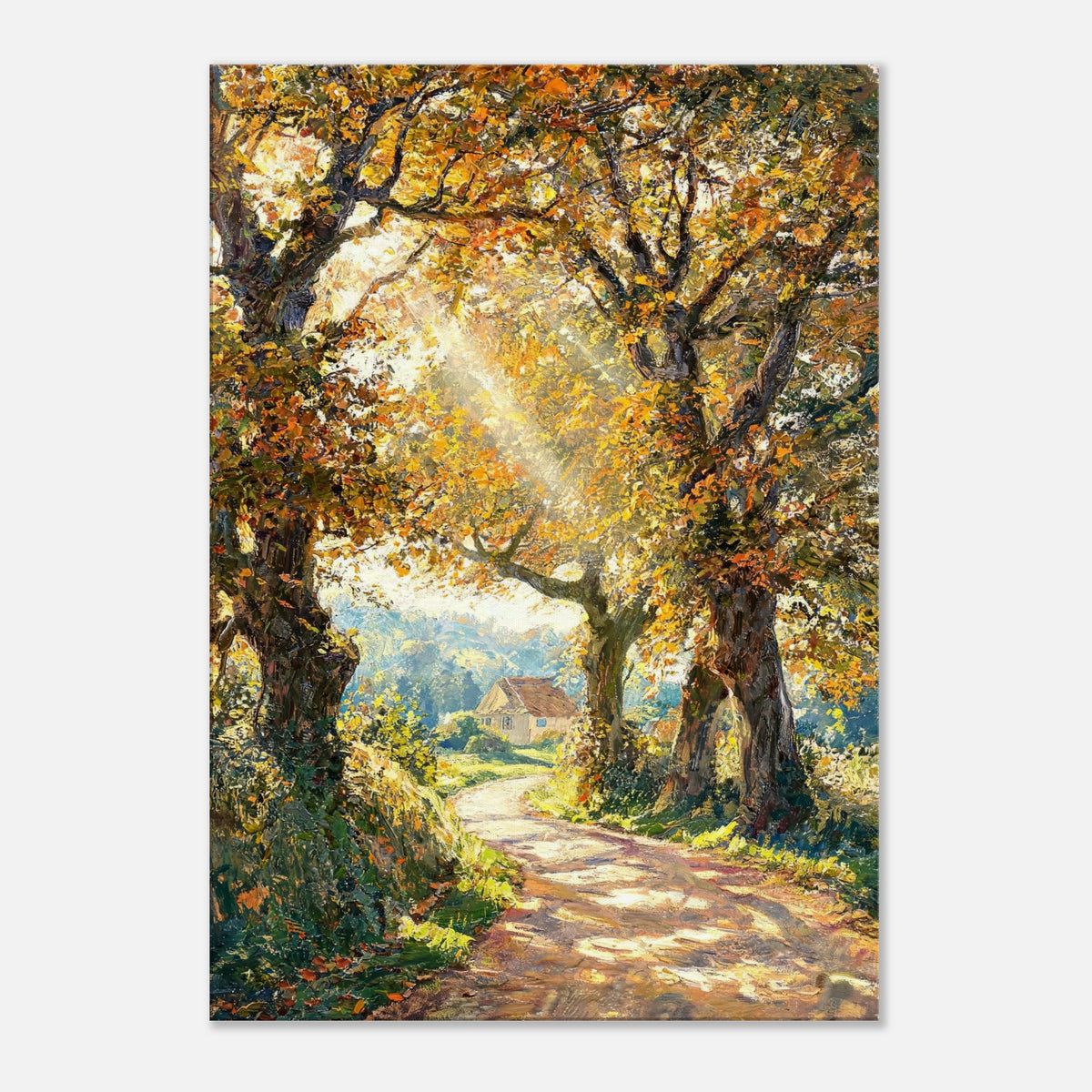 Sunlit Autumn Forest Path Impressionist Art Print