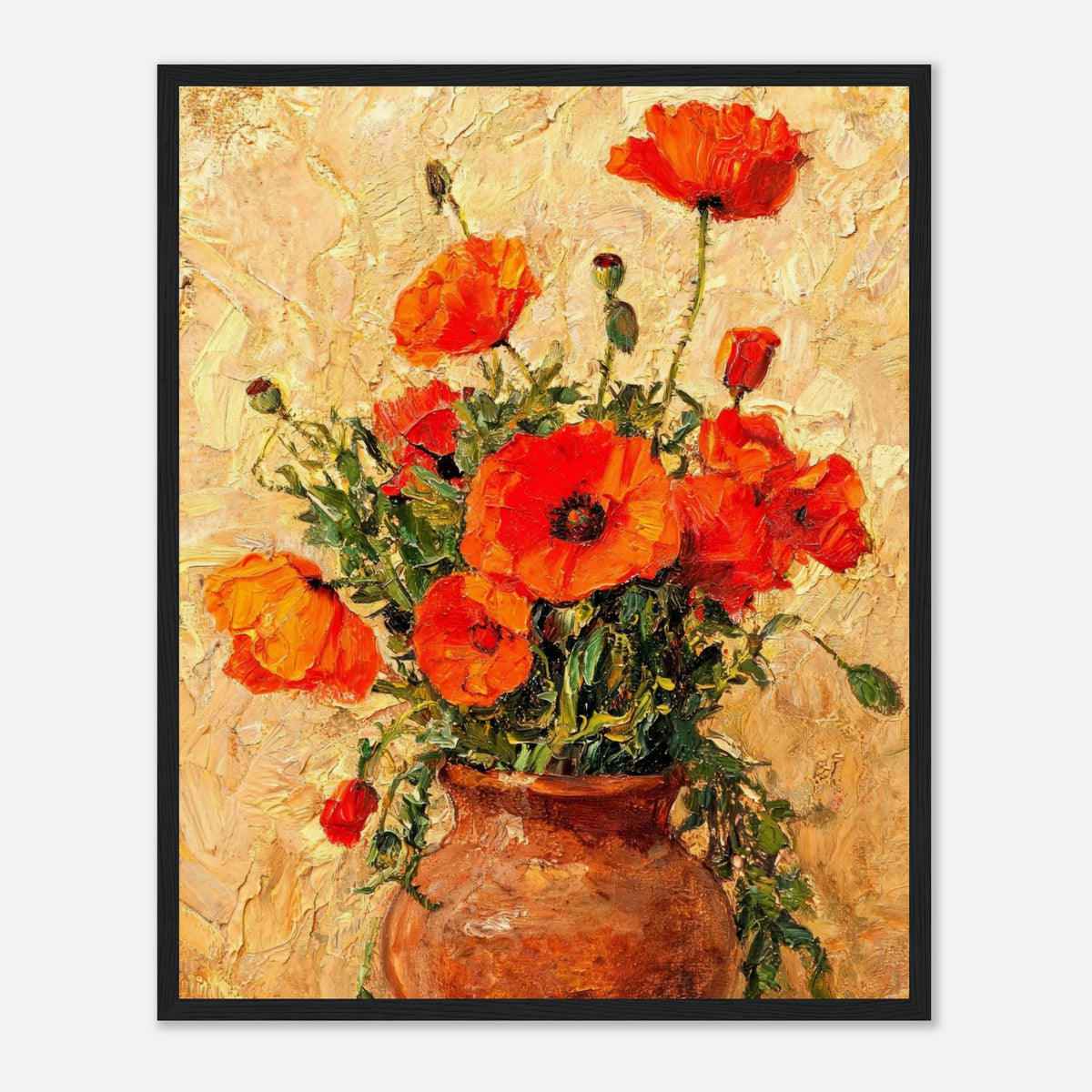Vibrant Red Poppies in Terracotta Vase Impressionist Art Print