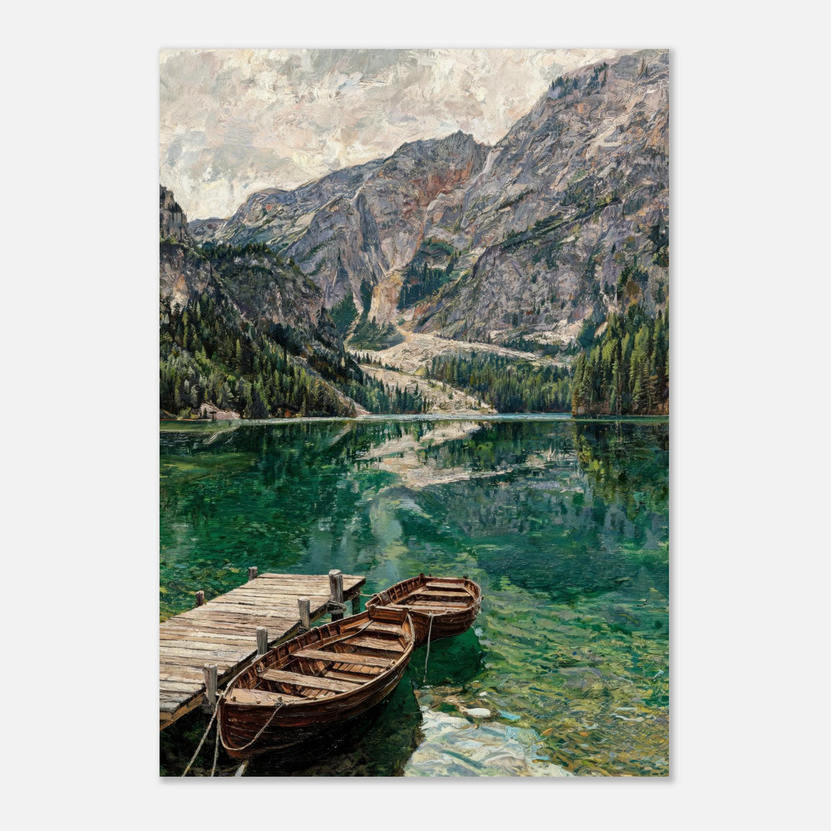 Wooden Boats on Alpine Lake Impressionist Art Print