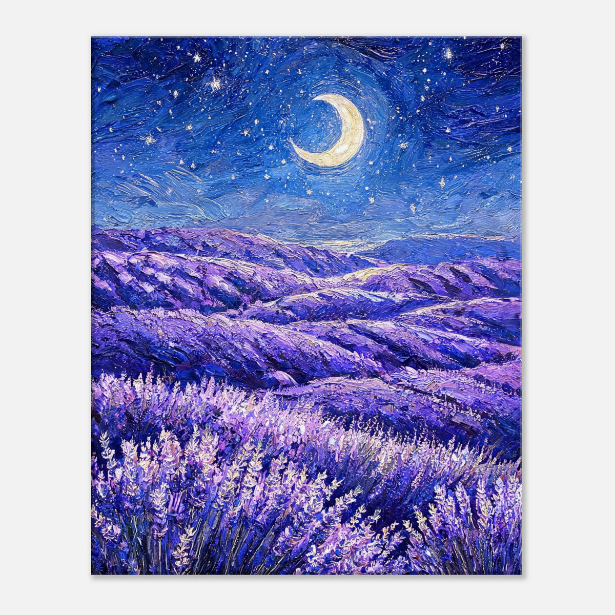 Moonlit Lavender Field at Night Impressionist Art Print