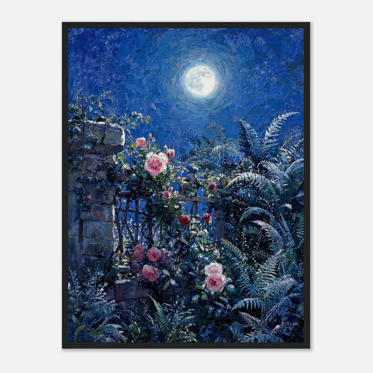 Moonlit Rose Garden and Stone Wall Impressionist Art Print