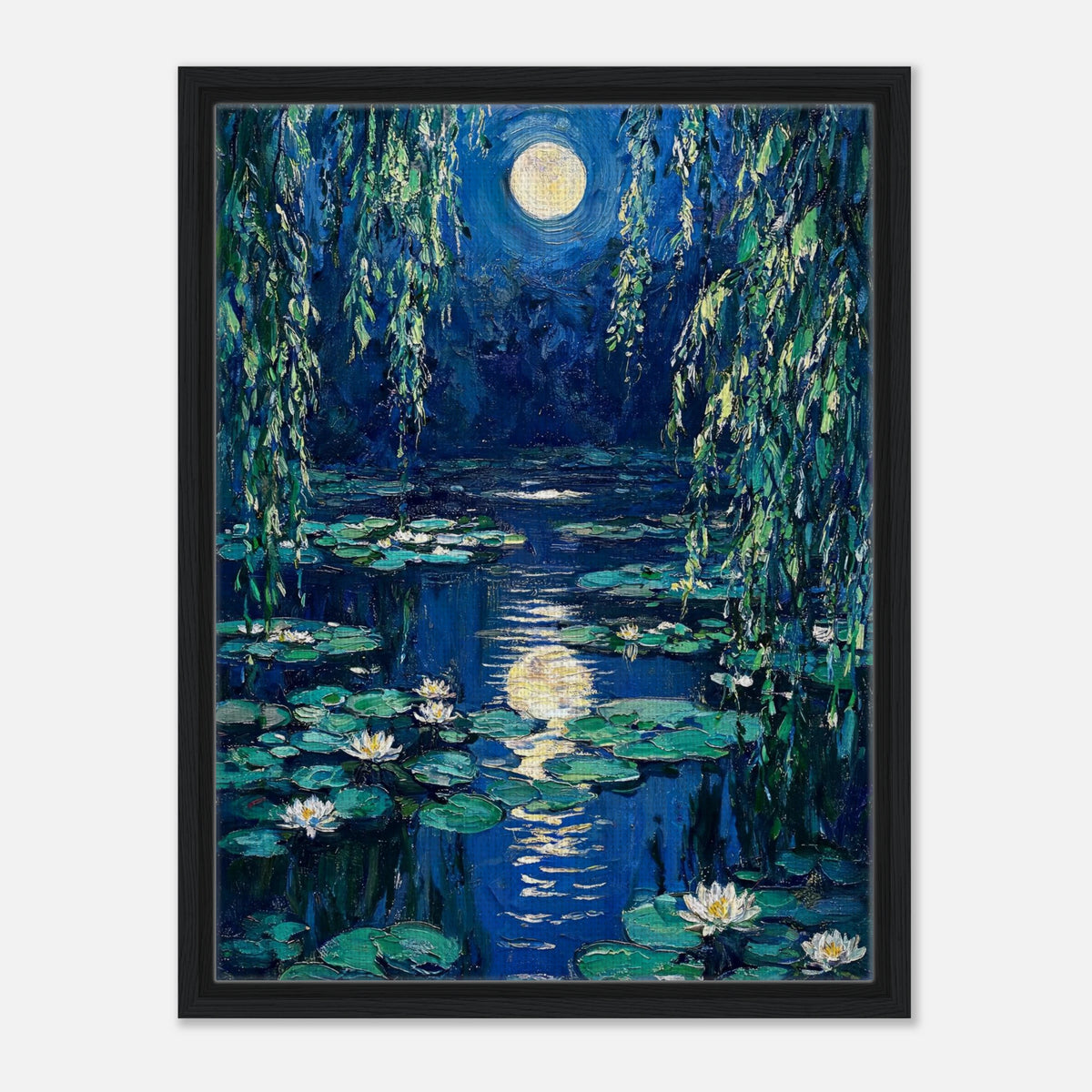 Impressionist art print from Vintstep depicting blooming white water lilies in a pond reflecting a full moon surrounded by weeping willow branches with rich impasto brushstrokes.