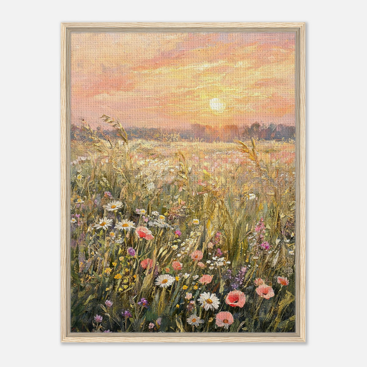 Golden Sunset Meadow & Wildflowers Impressionist Art Print