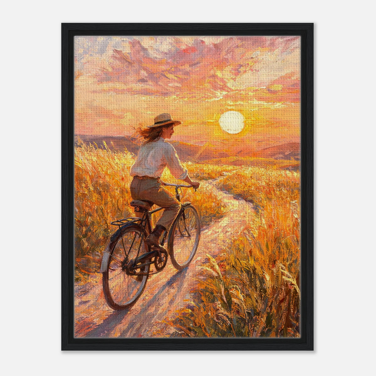 Impressionist art print from Vintstep depicting a person cycling through golden fields along a rural path under a warm sunset with textured brushstrokes.