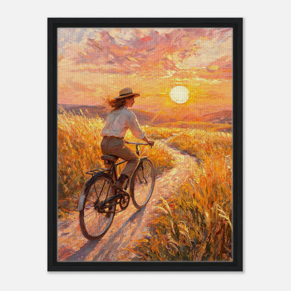 Impressionist art print from Vintstep depicting a person cycling through golden fields along a rural path under a warm sunset with textured brushstrokes.