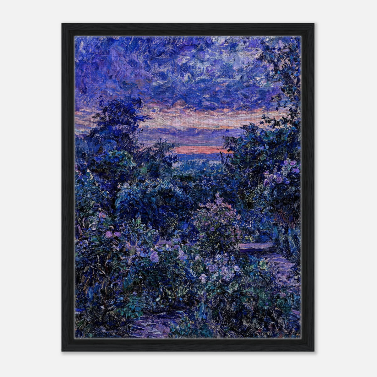 Impressionist art print from Vintstep depicting a garden at dusk in deep blue and purple tones with textured brushstrokes and a soft sunset horizon breaking through the trees.