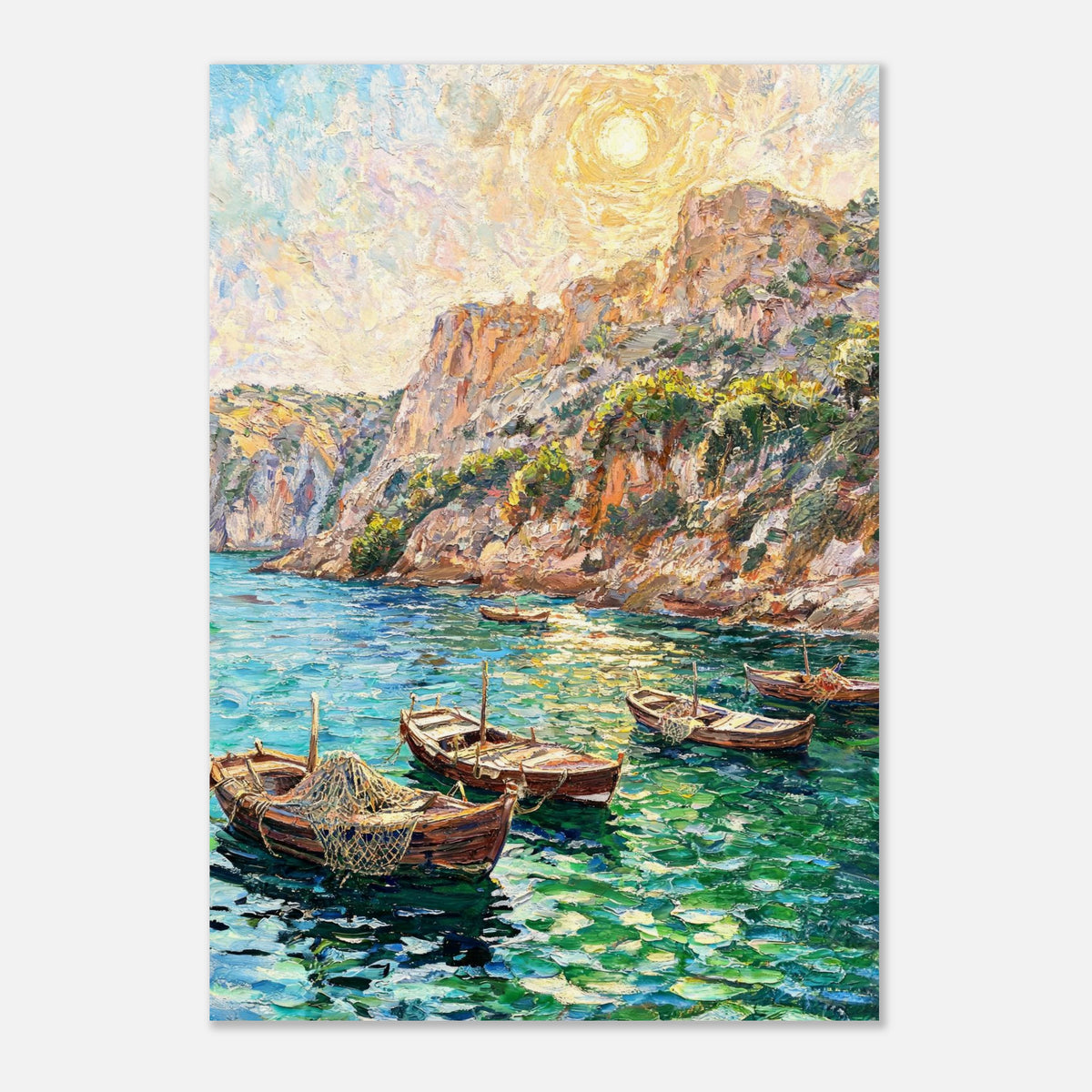 Mediterranean Coastal Cove Fishing Boats Impressionist Art Print