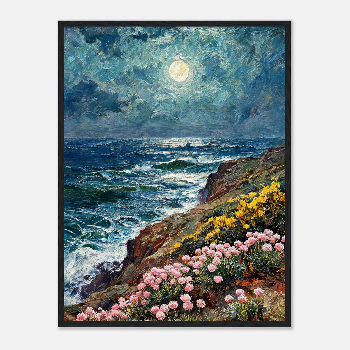 Moonlit Coastal Cliff Flowers Impressionist Art Print